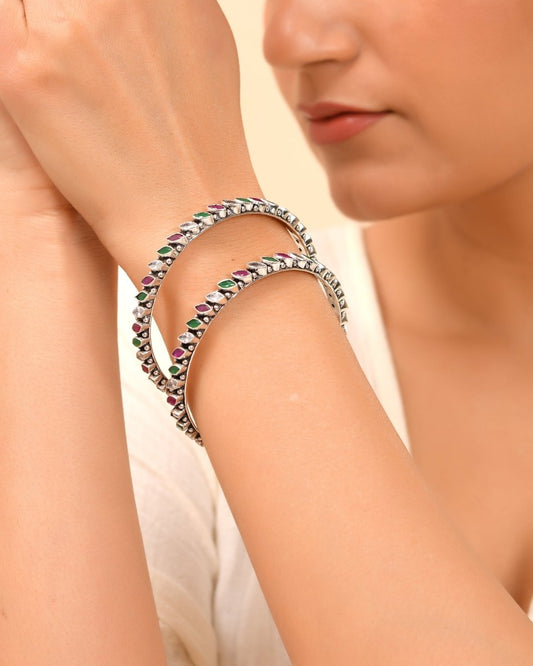 Kavya Marquise Stone Oxidized Bangle - Zirak Silver