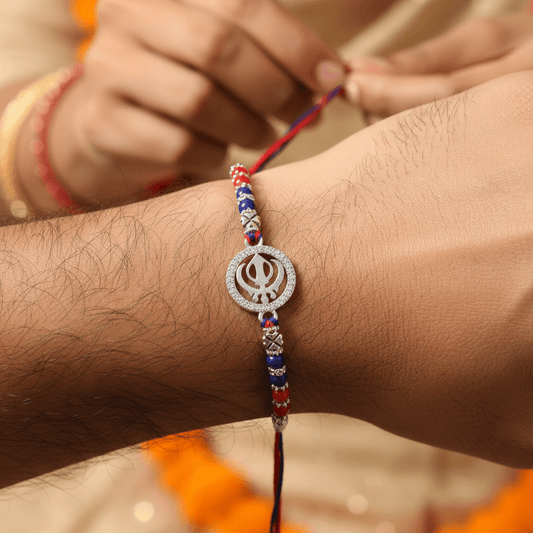 Khanda Symbol Rakhi with Red-Blue Beads | Sikh Religious Rakhi for Brother - Zirak Silver