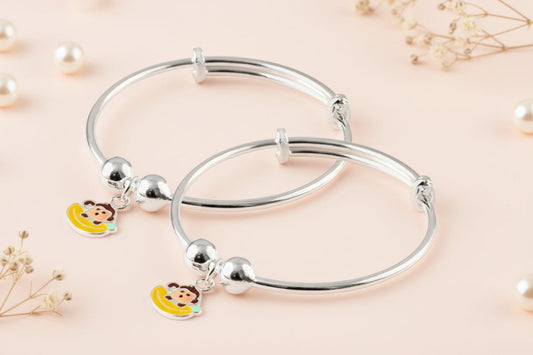 Kids Sterling Silver Adjustable Bracelet with Monkey Enamel Charm - Zirak Silver
