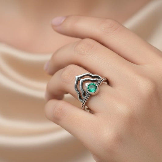 Layered Lotus Emerald Ring - Zirak Silver