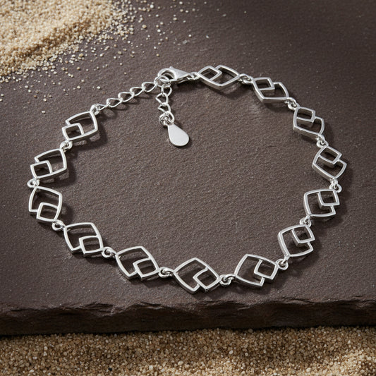 Mina Bracelet – 925 Silver Matte and Glossy Square Link Bracelet - Zirak Silver