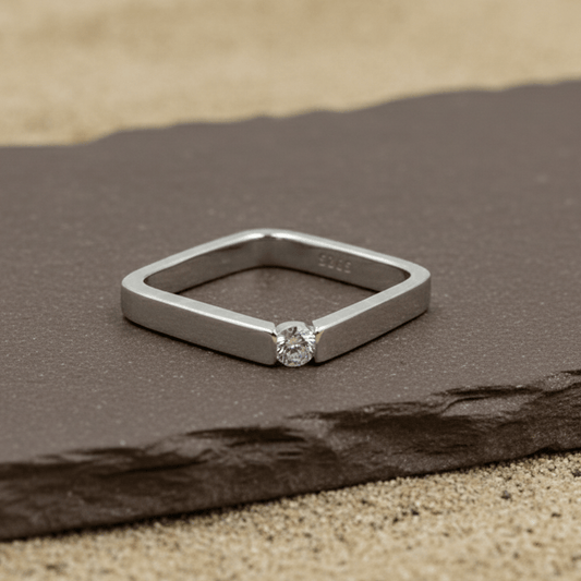 Minimalist Square Silver Ring with Solitaire Stone - Zirak Silver