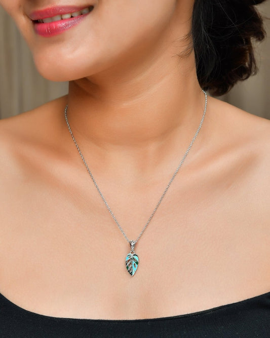 Monstera Leaf Pendant – Turquoise & Emerald Enamel in Sterling Silver - Zirak Silver