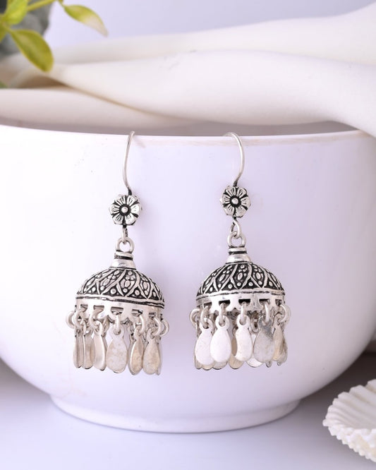 Naaz Jhumkas – Floral Top 925 Silver Dome Earrings with Dangling Petals - Zirak Silver
