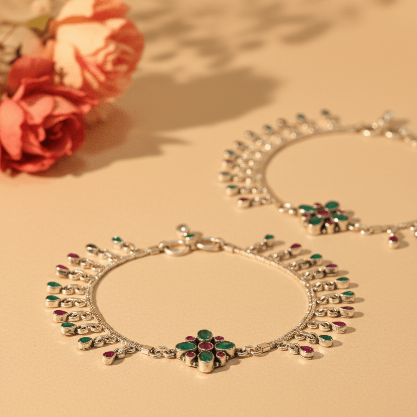 Nandini Oxidized Fringe Anklets - Zirak Silver
