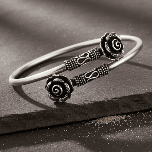 Oxidized 925 Silver Rose Motif Open Cuff Bracelet - Zirak Silver