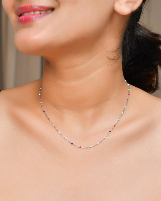 Patriotic Multicolor Seed - Bead Necklace | Sterling - Silver Dainty Red - White - Blue Chain - Zirak Silver