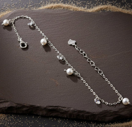 Pearl & CZ Charm 925 Silver Adjustable Bracelet - Zirak Silver