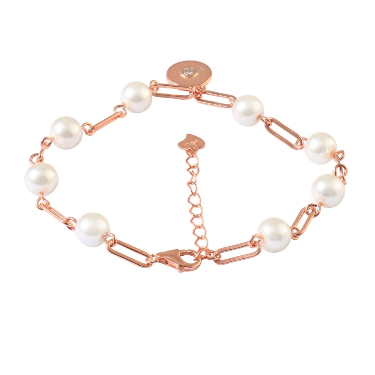 Pearl Link CZ Disc 925 Silver Rose Gold Bracelet - Zirak Silver