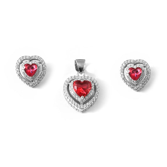 Radiant Ruby Heart Pendant & Earrings Set