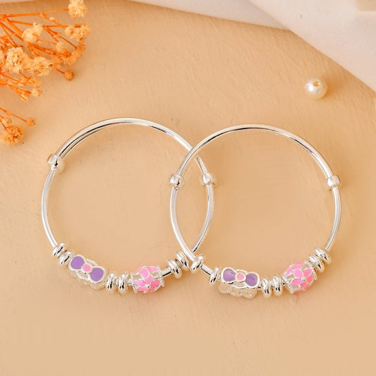 Pink - Bow Sterling - Silver Baby Bangle Set | Adjustable Kada with Mosaic Enamel Beads - Zirak Silver