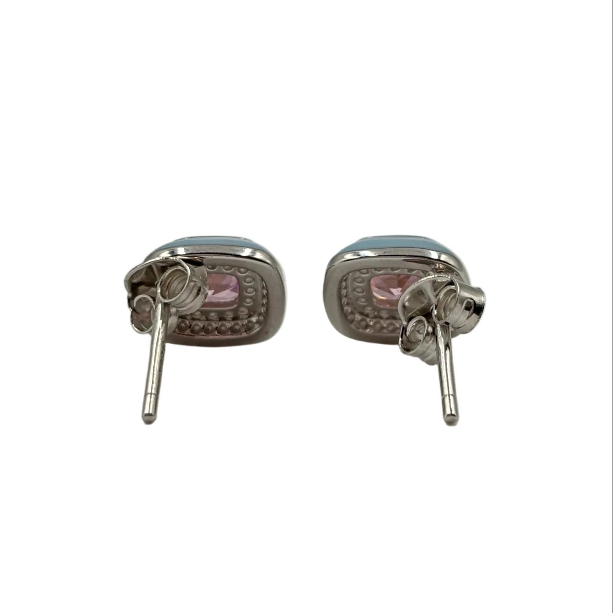 Pink Cushion - Cut Stone Stud Earrings with Blue Enamel Border - Zirak Silver