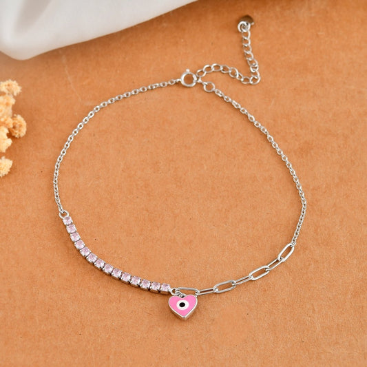 Pink - CZ Tennis & Paperclip Sterling - Silver Anklet | Heart Evil - Eye Charm - Zirak Silver
