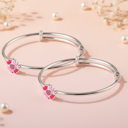 Pink Flower Adjustable Bracelet Pair for Kids | Silver Tone Open Cuff Bracelets - Zirak Silver