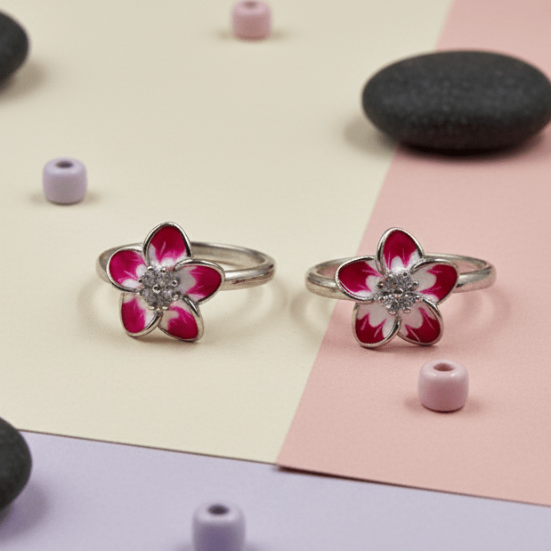 Pink White Blossom 925 Silver Toe Ring - Zirak Silver