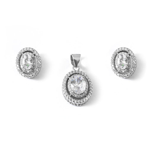 Radiant White Zirconia Halo Pendant & Earrings Set - Zirak Silver