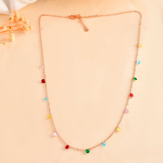 Rainbow Confetti Crystal Drop Necklace | Rose - Gold Cable Chain Choker - Zirak Silver