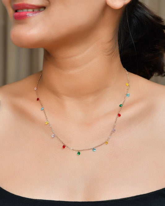 Rainbow Confetti Crystal Drop Necklace | Rose - Gold Cable Chain Choker - Zirak Silver