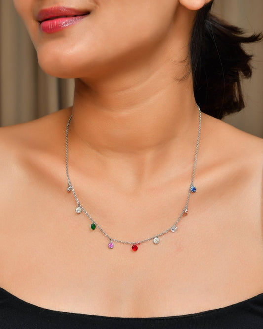 Rainbow Crystal Drop Necklace | Sterling - Silver Charm Choker with Multicolor Birthstone Cubic Zirconia - Zirak Silver