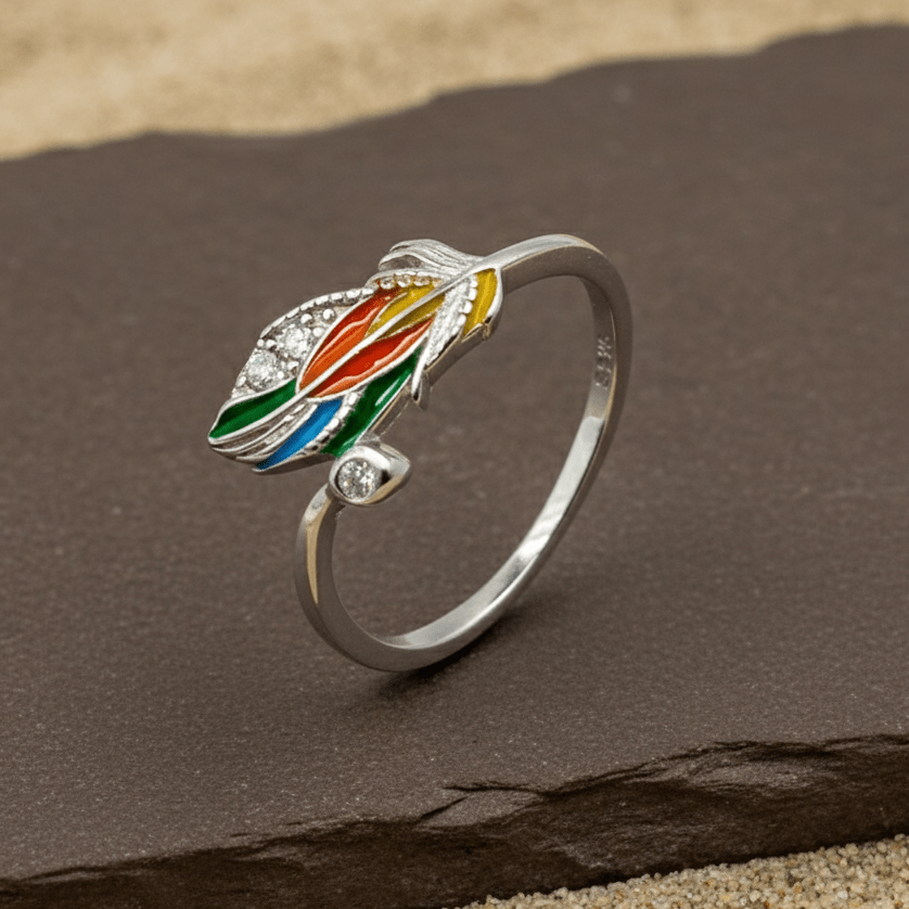 Rainbow Enamel Feather Silver Ring - Zirak Silver