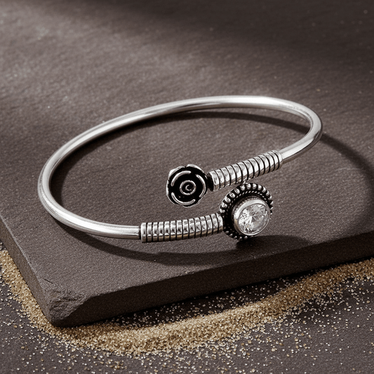 Roohani Bracelet – Oxidised 925 Silver Rose and Solitaire Zircon Cuff - Zirak Silver