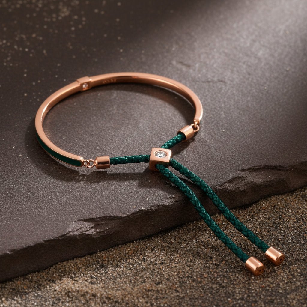 Rose Gold Adjustable Silver Bracelet with Green Enamel & CZ Stone - Zirak Silver