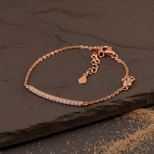 Rose Gold Bar Bracelet with CZ Stones – Elegant Adjustable Chain Bracelet for Women - Zirak Silver