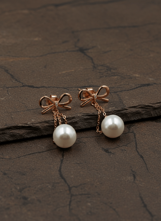 Rose Gold Bow Drop Pearl Earrings - Zirak Silver