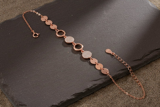 Rose Gold CZ Disc 925 Silver Adjustable Bracelet - Zirak Silver