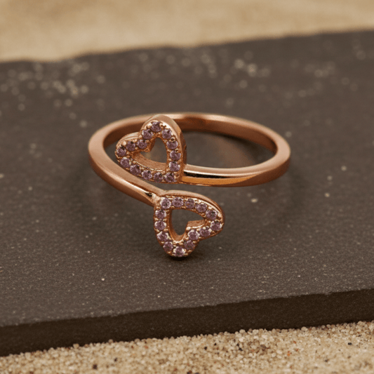 Rose Gold Double Heart Sparkle Ring - Zirak Silver