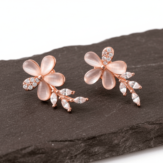 Rose Gold Floral Stud Earrings – Pink Petal Flower Earrings with CZ Leaf Detailing - Zirak Silver
