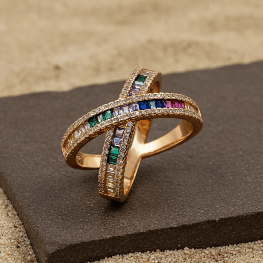 Rose Gold Multicolor Criss - Cross Baguette Ring - Zirak Silver