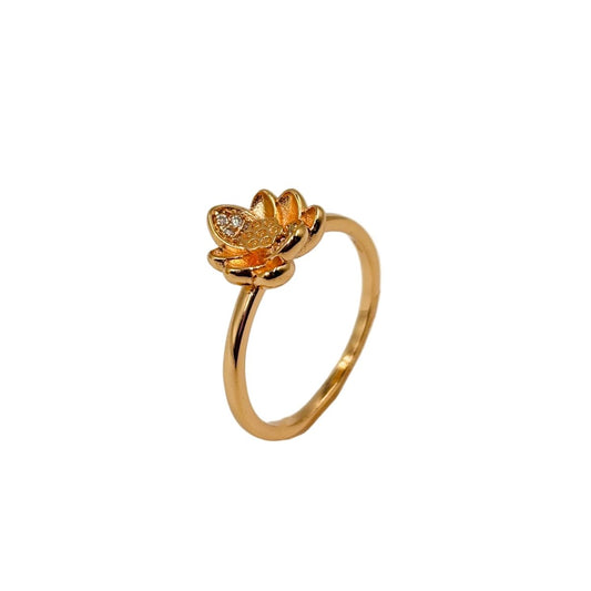 Rose Gold Petal Blossom Ring – Dainty Floral CZ Accent Band - Zirak Silver