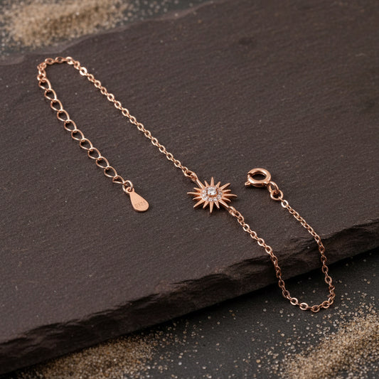Rose Gold Sun Charm Bracelet with CZ Stone – Dainty Adjustable Chain Bracelet for Women - Zirak Silver