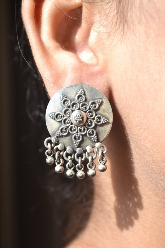 Sharvani Earrings – Oxidised 925 Silver Sunburst Stud Earrings with Ghungroo Drops - Zirak Silver