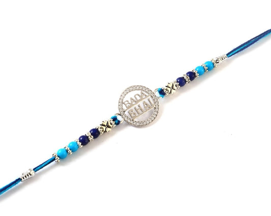 Silver Bada Bhai Rakhi | Blue Beaded Rakhi for Elder Brother | Raksha Bandhan Gift - Zirak Silver