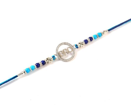 Silver "BRO" Rakhi with Blue Beads – Stylish Rakhi for Brother - Zirak Silver