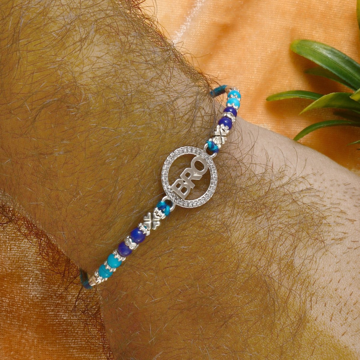 Silver "BRO" Rakhi with Blue Beads – Stylish Rakhi for Brother - Zirak Silver