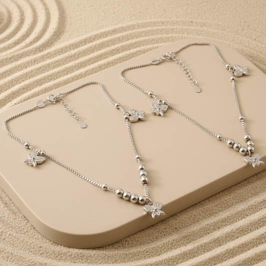 Silver Butterfly Charm Anklet | Beaded Adjustable Anklet | Dainty Everyday Jewelry - Zirak Silver