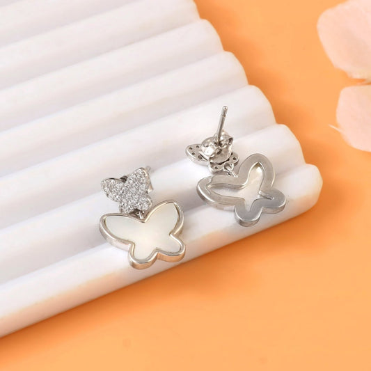 Silver Butterfly Drop Earrings – Mother of Pearl Inlay Studs for Women | 925 Sterling Silver Butterfly Jewelry - Zirak Silver