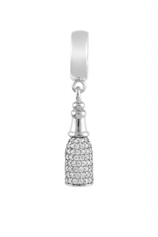 Silver Champagne Bottle Charm with Heart & Bow – Pavé CZ Detailing - Zirak Silver