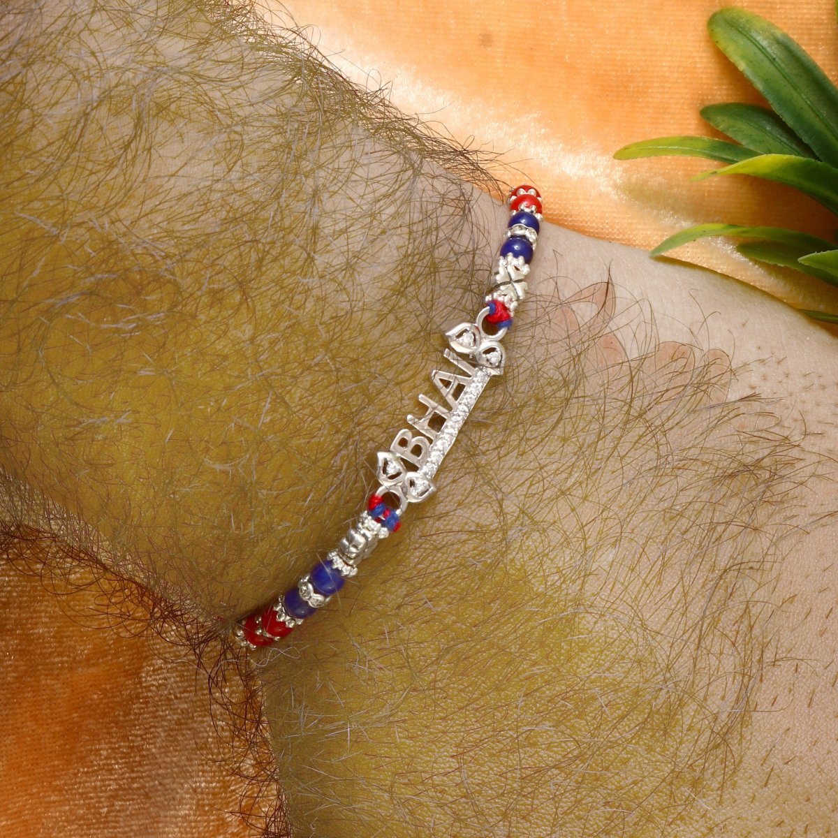 Silver Plated “BHAI” Rakhi | Red & Blue Beaded Thread Rakhi for Brother | Raksha Bandhan Gift - Zirak Silver