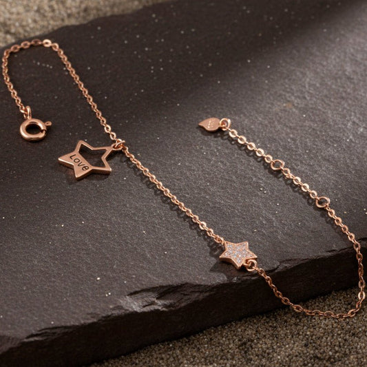 Star Charm CZ 925 Silver Rose Gold Adjustable Bracelet - Zirak Silver