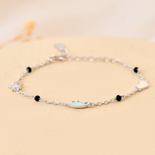 Star - Fish - Heart Sterling - Silver Nazariya Bracelet | Pastel Charms & Black Beads - Zirak Silver