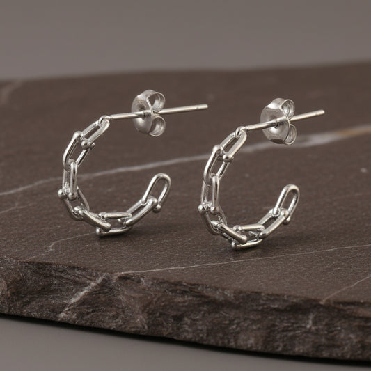 Sterling Silver Chain - Link Hoop Earrings – Minimal Geometric Stud Hoops for Women - Zirak Silver