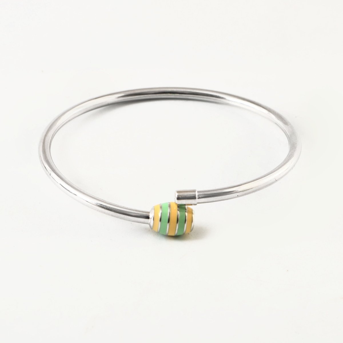 Sterling Silver Charm Bracelet Bangle with Yellow & Green Striped Enamel Charm Mechanism - Zirak Silver