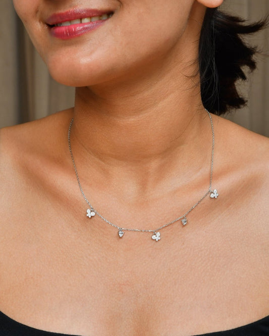 Sterling - Silver Clover & Heart CZ Station Necklace – Dainty Four - Leaf Charm Choker - Zirak Silver