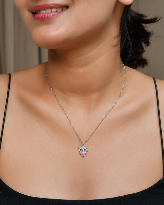 Sterling Silver Enamel Owl Pendant Necklace – Pink & Turquoise Charm, 18″ Chain - Zirak Silver
