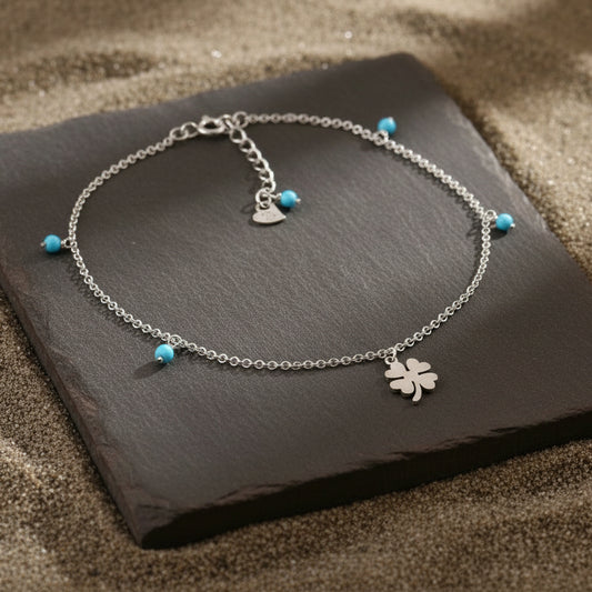 Sterling Silver Four Leaf Clover Anklet with Turquoise Beads – Lucky Charm Foot Jewelry - Zirak Silver