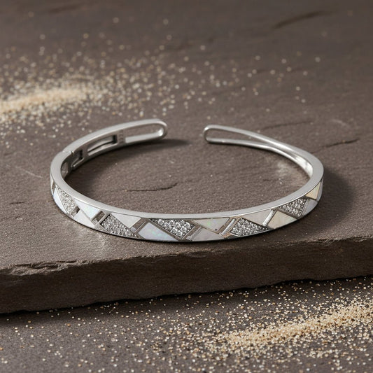 Sterling Silver Geometric Opal Inlay Cuff Bracelet - Zirak Silver